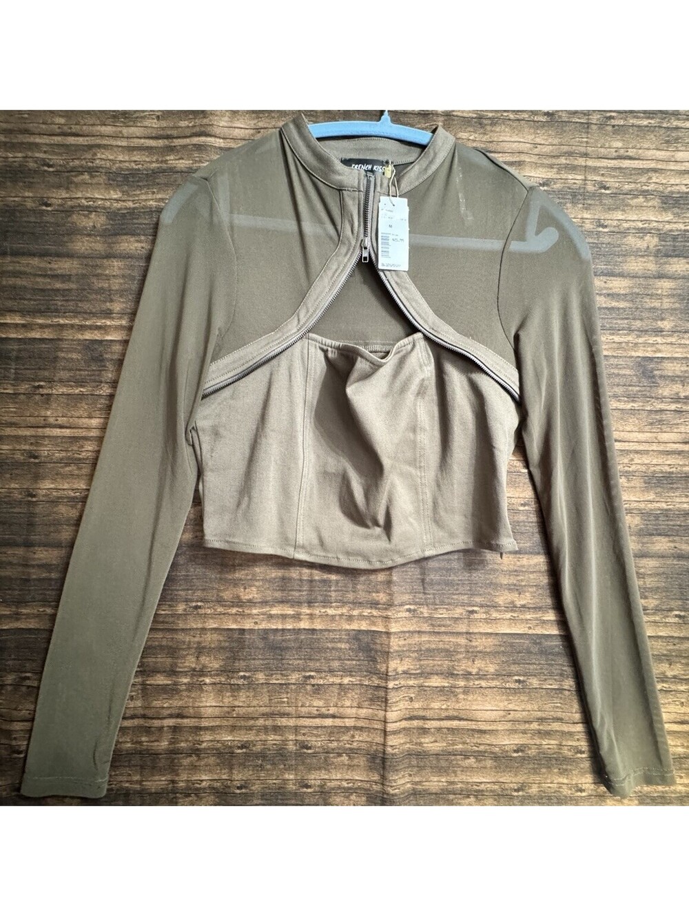 French Kiss Women’s Olive Green Mesh-Sleeve Corset Crop Top w/ Zipper Details M